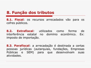 8. Função dos tributos 8.1. Fiscal : os recursos arrecadados vão para os cofres públicos. 8.2. Extrafiscal : utilizados como forma de interferência estatal no domínio econômico. Ex: imposto de importação. 8.3 .  Parafiscal : a arrecadação é destinada a certas pessoas jurídicas (autarquias, fundações, Empresas Públicas e SEM) para que desenvolvam suas atividades. 