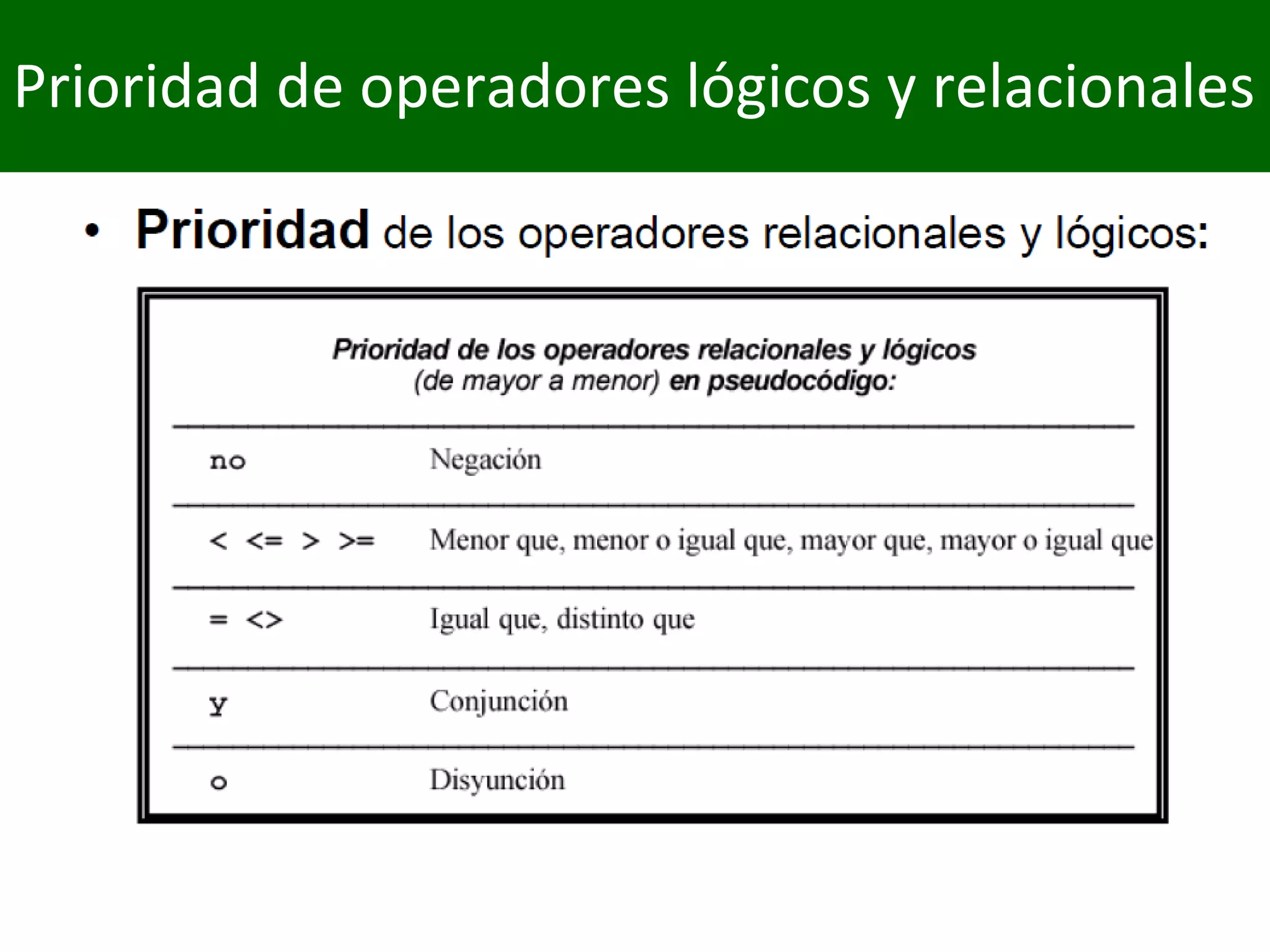 Prioridad de operadores lógicos y relacionales
 