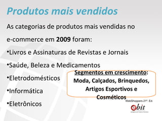 Produtos mais vendidos As categorias de produtos mais vendidas no  e-commerce em  2009  foram:  Livros e Assinaturas de Revistas e Jornais Saúde, Beleza e Medicamentos Eletrodomésticos Informática Eletrônicos Segmentos em crescimento : Moda, Calçados, Brinquedos, Artigos Esportivos e Cosméticos WebShoppers 21º. Ed. 