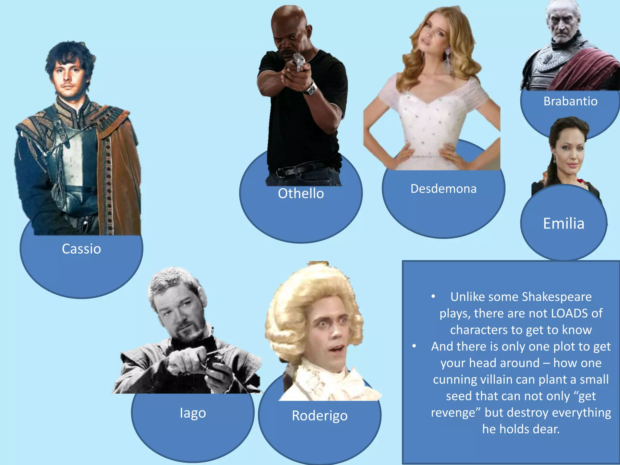 Othello Desdemona
Iago
Cassio
Roderigo
• Unlike some Shakespeare
plays, there are not LOADS of
characters to get to know
• And there is only one plot to get
your head around – how one
cunning villain can plant a small
seed that can not only “get
revenge” but destroy everything
he holds dear.
Brabantio
Emilia
 