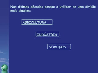 AGRICULTURA Nas últimas décadas passou a utilizar-se uma divisão mais simples: SERVIÇOS INDÚSTRIA 