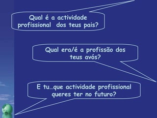 Qual é a actividade profissional  dos teus pais? Qual era/é a profissão dos teus avós? E tu…que actividade profissional queres ter no futuro? 
