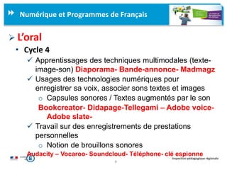 9
Inspection pédagogique régionale
Numérique et Programmes de Français
 L’oral
• Cycle 4
 Apprentissages des techniques multimodales (texte-
image-son) Diaporama- Bande-annonce- Madmagz
 Usages des technologies numériques pour
enregistrer sa voix, associer sons textes et images
o Capsules sonores / Textes augmentés par le son
Bookcreator- Didapage-Tellegami – Adobe voice-
Adobe slate-
 Travail sur des enregistrements de prestations
personnelles
o Notion de brouillons sonores
Audacity – Vocaroo- Soundcloud- Téléphone- clé espionne
 