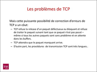 Les problèmes de TCP

Mais cette puissante possibilité de correction d’erreurs de
TCP a un côut:
– TCP refuse la release d’un paquet défectueux ou bloquant et refuse
  de traiter le paquet suivant tant que ce paquet n’est pas passé –
  même si tous les autres paquets sont sans problème et en attente
  dans les buffers.
– TCP attendra que le paquet manquant arrive.
– D’autre part, les procédures de transmission TCP sont très longues..
 