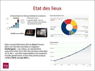 Etat des lieux




Selon Laurent Blanchard (DG de Cisco France)
dans une interview accordée au magazine
Challenge(s): « les vidéos, qui représentent
aujourd’hui entre 30 et 40% des données véhiculées
sur le Net », vont être responsables d’une explosion
du trafic généré dans un futur très proche puisque
« d’ici à 2015, ce sera 90% ».
 