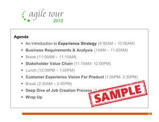 12
Agenda
 An Introduction to Experience Strategy (9:00AM – 10:00AM)
 Business Requirements & Analysis (10AM – 11:00AM)
 Break (11:00AM – 11:15AM)
 Stakeholder Value Chain (11:15AM- 12:00PM)
 Lunch (12:00PM – 1:00PM)
 Customer Experience Vision For Product (1:00PM- 2:30PM)
 Break (2:30AM – 2:45PM)
 Deep Dive of Job Creation Process (2:45PM- 4:45PM)
 Wrap Up
 
