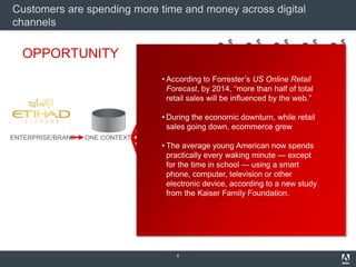 Customers are spending more time and money across digital
channels
                                                     $        $       $        $    $
  OPPORTUNITY
                                  mobile

                                 • According to Forrester‘s US Online Retail
                                   Forecast, by 2014, ―more than half of total
                                                       $        $       $       $   $
                                   retail sales will be influenced by the web.‖

                                 • During the economic downturn, while retail
                                   social
                                   sales going down, ecommerce grew
ENTERPRISE/BRAND   ONE CONTEXT
                                 • The average young American now spends$
                                                      $      $        $             $
                                   practically every waking minute — except
                                   for the time in school — using a smart
                                   phone, computer, television or other
                                    web
                                   electronic device, according to a new study
                                   from the Kaiser Family Foundation.
                                                     $        $       $        $    $

                                  email




                                       6
 