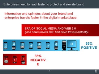 Enterprises need to react faster to protect and elevate brand


Information and opinions about your brand and
enterprise travels faster in the digital marketplace.


                  ERA OF SOCIAL MEDIA AND WEB 2.0
                  good news travels fast, bad news travels instantly.



:)
       :)    :)
                      :)
                            :)
                                   :)
                                            :)        :)        65%
                                                              POSITIVE

                        35%
 !      !     !
                      NEGATIV
                         E
                                        9
 