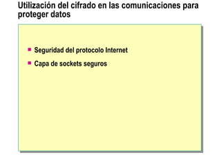 Utilización del cifrado en las comunicaciones para proteger datos Seguridad del protocolo Internet Capa de sockets seguros 