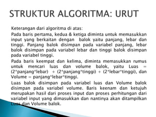 Keterangan dari algoritma di atas:
Pada baris pertama, kedua & ketiga diminta untuk memasukkan
input yang berkaitan dengan balok yaitu panjang, lebar dan
tinggi. Panjang balok disimpan pada variabel panjang, lebar
balok disimpan pada variabel lebar dan tinggi balok disimpan
pada variabel tinggi.
Pada baris keempat dan kelima, diminta memasukkan rumus
untuk mencari luas dan volume balok, yaitu Luas =
(2*panjang*lebar) + (2*panjang*tinggi) + (2*lebar*tinggi), dan
Volume = panjang*lebar*tinggi.
Luas balok disimpan pada variabel luas dan Volume balok
disimpan pada variabel volume. Baris keenam dan ketujuh
merupakan hasil dari proses input dan proses perhitungan dari
variabel input yang dimasukkan dan nantinya akan ditampilkan
Luas dan Volume balok.
 
