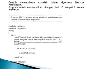 Contoh memecahkan masalah dalam algoritma Struktur
Perulangan.
Program untuk menampilkan bilangan dari 10 sampai 1 secara
menurun
// -------------------------------------------------
// Program ADP_5_struktur_dasar_algoritma_perulangan.cpp
// Contoh Struktur Dasar Algoritma
// -------------------------------------------------
#include <stdio.h>
#include <stdlib.h>
main()
{
int n;
printf("Contoh Struktur Dasar Algoritma Perulangann");
printf("Program untuk menampilkan nilai 10 s.d. 1n");
printf("__________________________________________n");
printf("nt");
for (n=10; n>0; n--)
{
printf("%dnt",n);
}
printf("n");
system ("Pause");
}
 