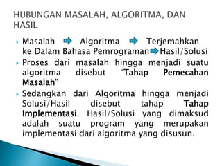  Masalah Algoritma Terjemahkan
ke Dalam Bahasa Pemrograman Hasil/Solusi
 Proses dari masalah hingga menjadi suatu
algoritma disebut “Tahap Pemecahan
Masalah”
 Sedangkan dari Algoritma hingga menjadi
Solusi/Hasil disebut tahap Tahap
Implementasi. Hasil/Solusi yang dimaksud
adalah suatu program yang merupakan
implementasi dari algoritma yang disusun.
 