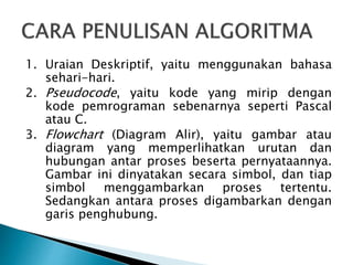 1. Uraian Deskriptif, yaitu menggunakan bahasa
sehari-hari.
2. Pseudocode, yaitu kode yang mirip dengan
kode pemrograman sebenarnya seperti Pascal
atau C.
3. Flowchart (Diagram Alir), yaitu gambar atau
diagram yang memperlihatkan urutan dan
hubungan antar proses beserta pernyataannya.
Gambar ini dinyatakan secara simbol, dan tiap
simbol menggambarkan proses tertentu.
Sedangkan antara proses digambarkan dengan
garis penghubung.
 