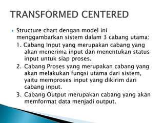  Structure chart dengan model ini
menggambarkan sistem dalam 3 cabang utama:
1. Cabang Input yang merupakan cabang yang
akan menerima input dan menentukan status
input untuk siap proses.
2. Cabang Proses yang merupakan cabang yang
akan melakukan fungsi utama dari sistem,
yaitu memproses input yang dikirim dari
cabang input.
3. Cabang Output merupakan cabang yang akan
memformat data menjadi output.
 