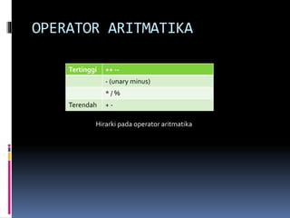 OPERATOR ARITMATIKA
Tertinggi ++ --
- (unary minus)
* / %
Terendah + -
Hirarki pada operator aritmatika
 