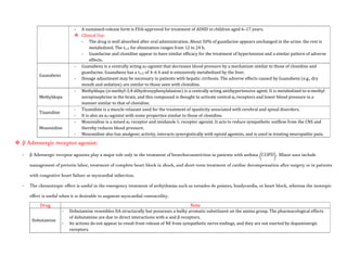 - A sustained-release form is FDA-approved for treatment of ADHD in children aged 6–17 years.
 Clinical Use:
- The drug is well absorbed after oral administration. About 50% of guanfacine appears unchanged in the urine; the rest is
metabolized. The t1/2 for elimination ranges from 12 to 24 h.
- Guanfacine and clonidine appear to have similar efficacy for the treatment of hypertension and a similar pattern of adverse
effects.
Guanabenz
- Guanabenz is a centrally acting α2-agonist that decreases blood pressure by a mechanism similar to those of clonidine and
guanfacine. Guanabenz has a t1/2 of 4–6 h and is extensively metabolized by the liver.
- Dosage adjustment may be necessary in patients with hepatic cirrhosis. The adverse effects caused by Guanabenz (e.g., dry
mouth and sedation) are similar to those seen with clonidine.
Methyldopa
- Methyldopa (α-methyl-3,4-dihydroxyphenylalanine) is a centrally acting antihypertensive agent. It is metabolized to α-methyl
norepinephrine in the brain, and this compound is thought to activate central α2 receptors and lower blood pressure in a
manner similar to that of clonidine.
Tizanidine
- Tizanidine is a muscle relaxant used for the treatment of spasticity associated with cerebral and spinal disorders.
- It is also an α2-agonist with some properties similar to those of clonidine.
Moxonidine
- Moxonidine is a mixed α2 receptor and imidazole I1 receptor agonist. It acts to reduce sympathetic outflow from the CNS and
thereby reduces blood pressure.
- Moxonidine also has analgesic activity, interacts synergistically with opioid agonists, and is used in treating neuropathic pain.
 β Adrenergic receptor agonist:
- β Adrenergic receptor agonists play a major role only in the treatment of bronchoconstriction in patients with asthma (COPD). Minor uses include
management of preterm labor, treatment of complete heart block in shock, and short-term treatment of cardiac decompensation after surgery or in patients
with congestive heart failure or myocardial infarction.
- The chronotropic effect is useful in the emergency treatment of arrhythmias such as torsades de pointes, bradycardia, or heart block, whereas the inotropic
effect is useful when it is desirable to augment myocardial contractility.
Drug Note
Dobutamine
- Dobutamine resembles DA structurally but possesses a bulky aromatic substituent on the amino group. The pharmacological effects
of dobutamine are due to direct interactions with α and β receptors.
- Its actions do not appear to result from release of NE from sympathetic nerve endings, and they are not exerted by dopaminergic
receptors.
 