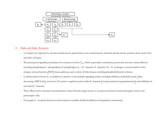 A- Alpha1 and Alpha2 Receptors:
- α1 receptors are expressed in vascular smooth muscle, genitourinary tract smooth muscle, intestinal smooth muscle, prostate, brain, heart, liver,
and other cell types.
- The prototypical signalling mechanism of α1-receptors involves Gq/11, which is generally a stimulatory protein that activates various effectors
including phospholipase C, phospholipase D, phospholipase A2 , Ca2+
channels, K+
channels, Na+
/ H+
exchangers, several members of the
mitogen-activated protein (MAP) kinase pathways, and a variety of other kinases including phosphatidylinositol 3-kinase.
- α2 adrenoceptors activate Gi, an inhibitory G protein. Gi has multiple signalling actions, including inhibition of adenylyl cyclase (thus
decreasing cAMP levels), activation of G protein-coupled inward rectifier K+
channels (causing membrane hyperpolarization), and inhibition of
neuronal Ca2+
channels.
- These effects tend to decrease neurotransmitter release from the target neuron. α2 receptors are found on both presynaptic neurons and
postsynaptic cells.
- Presynaptic α2 -receptors function as autoreceptors to mediate feedback inhibition of sympathetic transmission.
Adrenergic receptor
α-adrenergic
α1
α1A
α1B
α1D
α2
α2A
α2B
α2C
β-adrenergic
β1 β2 β3
Gq
Gi Gs
 