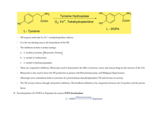 - TH requires molecular O2, Fe2+
, tetrahydroptridine cofactor.
- It is the rate limiting step in the biosynthesis of the NE.
- The inhibitors include α methyl analogs:
a- α -methyl-p-tyrosine (Metyrosine, Demsar)
b- α -methyl-3’-iodotyrosine
c- α -methyl-5-hydroxytryptophan
- These are competitive inhibitors. Metyrosine used to demonstrate the effect of exercise, stress, and various drugs on the turnover of the CAs.
- Metyrosine is also used to lower the NE production in patient with Pheochromocytoma, and Malignant Hypertension.
- Adrenergic nerve stimulation leads to activation of a protein kinase that phosphorylates TH and increase its activity.
- The TH activity reduces through end product inhibition. This feedback inhibition is by competition between the CA product and the pterine
factor.
B- Decarboxylation of L-DOPA to Dopamine by enzyme DOPA decarboxylase.
L − DOPA ⎯⎯⎯⎯⎯⎯⎯⎯⎯⎯⎯⎯⎯⎯ Dopamine
 