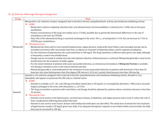 D- β1-Selective Adrenergic Receptor Antagonists:
Drugs Note
Metoprolol
Metoprolol is a β1-selective receptor antagonist that is devoid of intrinsic sympathomimetic activity and membrane-stabilizing activity.
 ADME:
- Metoprolol is almost completely absorbed after oral administration, but bioavailability is relatively low (~40%) due to first-pass
metabolism.
- Plasma concentrations of the drug vary widely (up to 17-fold), possibly due to genetically determined differences in the rate of
metabolism in the liver by CYP2D6.
- Only 10% of the administered drug is recovered unchanged in the urine. The t1/2 of metoprolol is 3–4 h, but can increase to 7–8 h in
CYP2D6 poor metabolizers.
 Therapeutic Uses:
- Metoprolol has been used to treat essential hypertension, angina pectoris, tachycardia, heart failure, and vasovagal syncope and as
secondary prevention after myocardial infarction, an adjunct in treatment of hyperthyroidism, and for migraine prophylaxis.
- For the treatment of hypertension, the usual initial dose is 100 mg/d. The drug sometimes is effective when given once daily, although
it frequently is used in two divided doses.
- Dosage may be increased at weekly intervals until optimal reduction of blood pressure is achieved. Metoprolol generally is used in two
divided doses for the treatment of stable angina.
- For the initial treatment of patients with acute myocardial infarction, an intravenous formulation of Metoprolol Tartrate is available;
oral dosing is initiated as soon as the clinical situation permits.
- Metoprolol generally is contraindicated for the treatment of acute myocardial infarction in patients with heartrates of less than 45
beats per min, heart block greater than first-degree (PR interval ≥ 0.24 sec), systolic blood pressure less than 100 mm Hg.
Atenolol
Atenolol is a β1-selective antagonist that is devoid of intrinsic sympathomimetic and membrane-stabilizing activity. Atenolol is very
hydrophilic and appears to penetrate the CNS only to a limited extent.
 ADME:
- Atenolol is available in 25-, 50-, and 100-mg oral tablets (initial dose is 50 mg/d). It is incompletely absorbed (~50%) and is excreted
largely unchanged in the urine, with elimination t1/2 of 5–8 h.
- The drug accumulates in patients with renal failure, and dosage should be adjusted for patients whose creatinine clearance is less than
35 ml/min.
 Therapeutic Uses:
- Atenolol can be used to treat hypertension, coronary heart disease, arrhythmias, and angina pectoris and to treat or reduce the risk of
heart complications following myocardial infarction.
- Atenolol is also used to treat Graves’ disease until antithyroid medication can take effect. The initial dose of atenolol for the treatment
of hypertension usually is 50 mg/d, given once daily. If an adequate therapeutic response is not evident within several weeks, the daily
dose may be increased to 100 mg.
 
