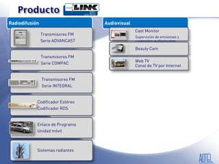 Radiodifusión

Audiovisual
Transmisores FM
Serie ADVANCAST

Cast Monitor
Supervisión de emisiones y
contenidos audiovisuales

Beauty Cam
Transmisores FM
Serie COMPAC

Transmisores FM
Serie INTEGRAL

Codificador Estéreo
Codificador RDS

Enlace de Programa
Unidad móvil

Sistemas radiantes

Web TV
Canal de TV por Internet

 