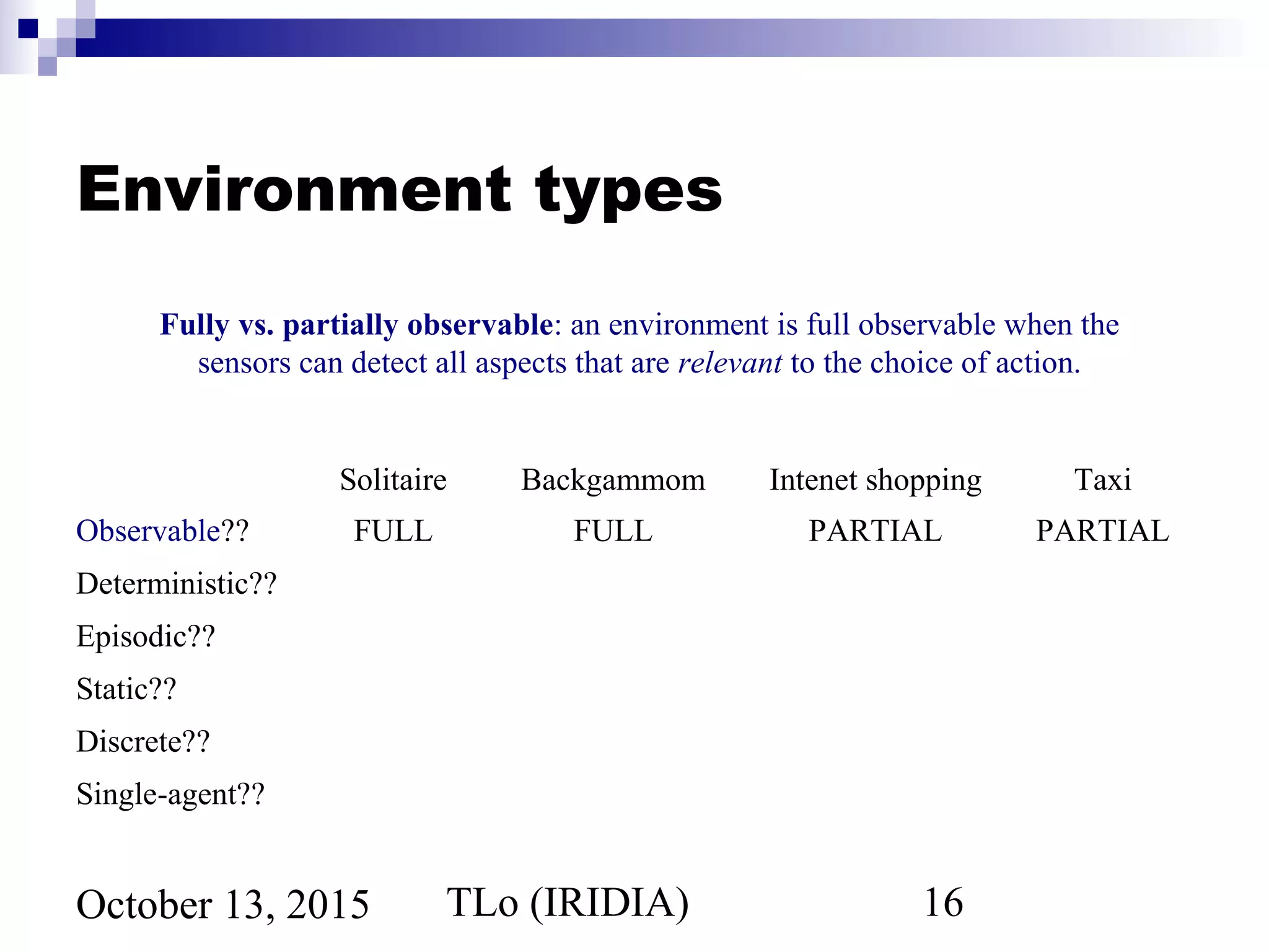 TLo (IRIDIA) 16October 13, 2015
Environment types
Solitaire Backgammom Intenet shopping Taxi
Observable?? FULL FULL PARTIAL PARTIAL
Deterministic??
Episodic??
Static??
Discrete??
Single-agent??
Fully vs. partially observable: an environment is full observable when the
sensors can detect all aspects that are relevant to the choice of action.
 