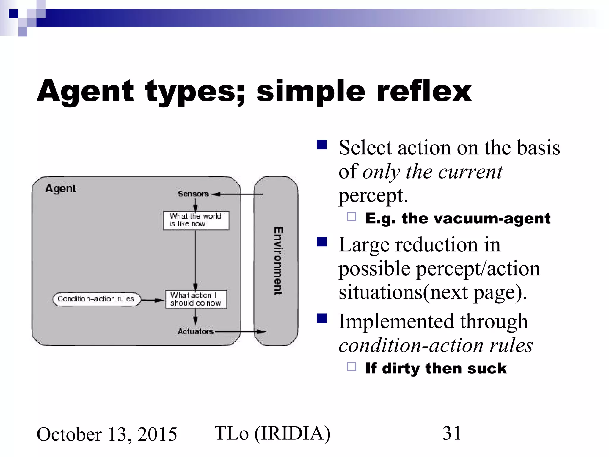 TLo (IRIDIA) 31October 13, 2015
Agent types; simple reflex
 Select action on the basis
of only the current
percept.
 E.g. the vacuum-agent
 Large reduction in
possible percept/action
situations(next page).
 Implemented through
condition-action rules
 If dirty then suck
 