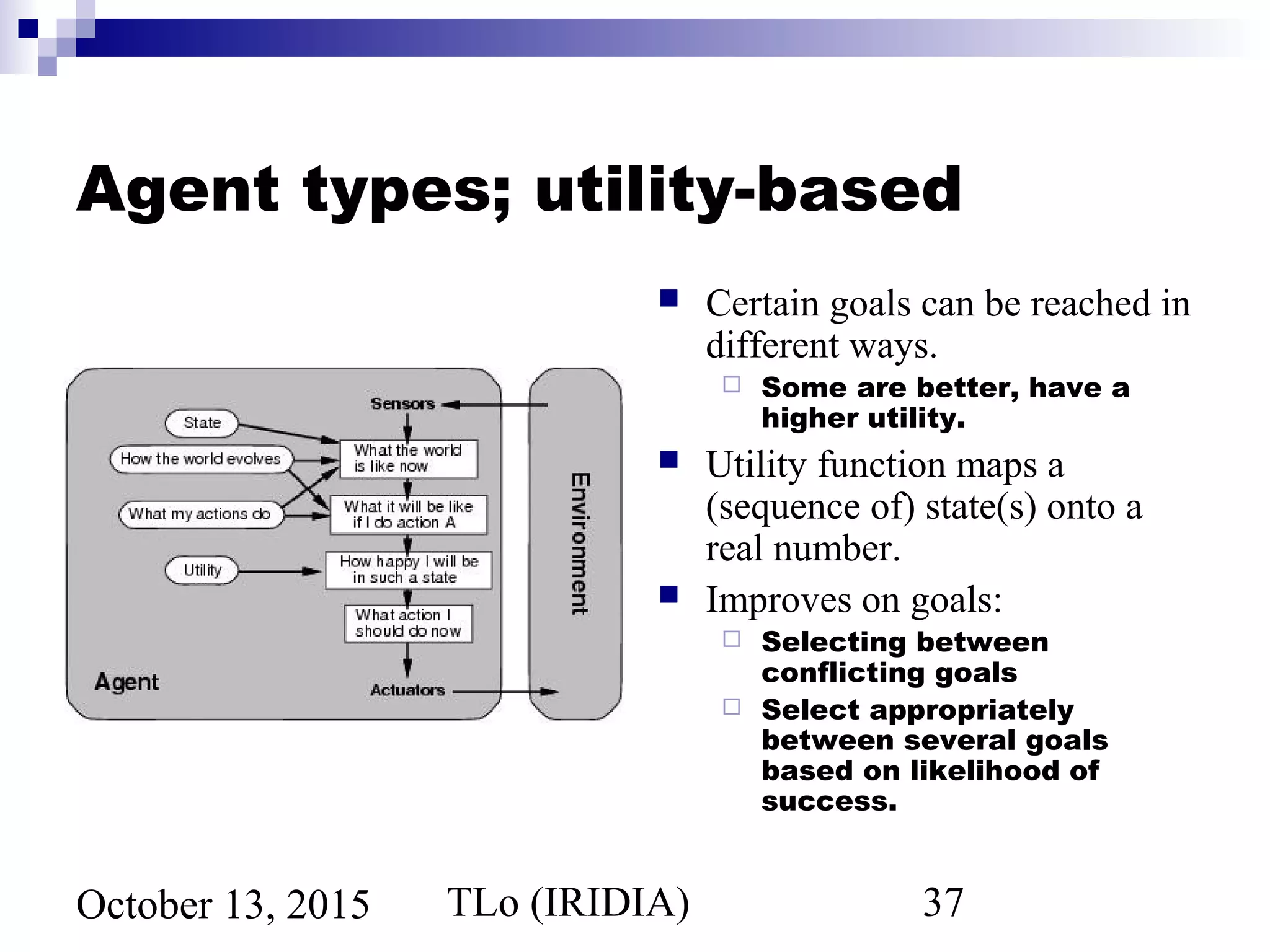 TLo (IRIDIA) 37October 13, 2015
Agent types; utility-based
 Certain goals can be reached in
different ways.
 Some are better, have a
higher utility.
 Utility function maps a
(sequence of) state(s) onto a
real number.
 Improves on goals:
 Selecting between
conflicting goals
 Select appropriately
between several goals
based on likelihood of
success.
 