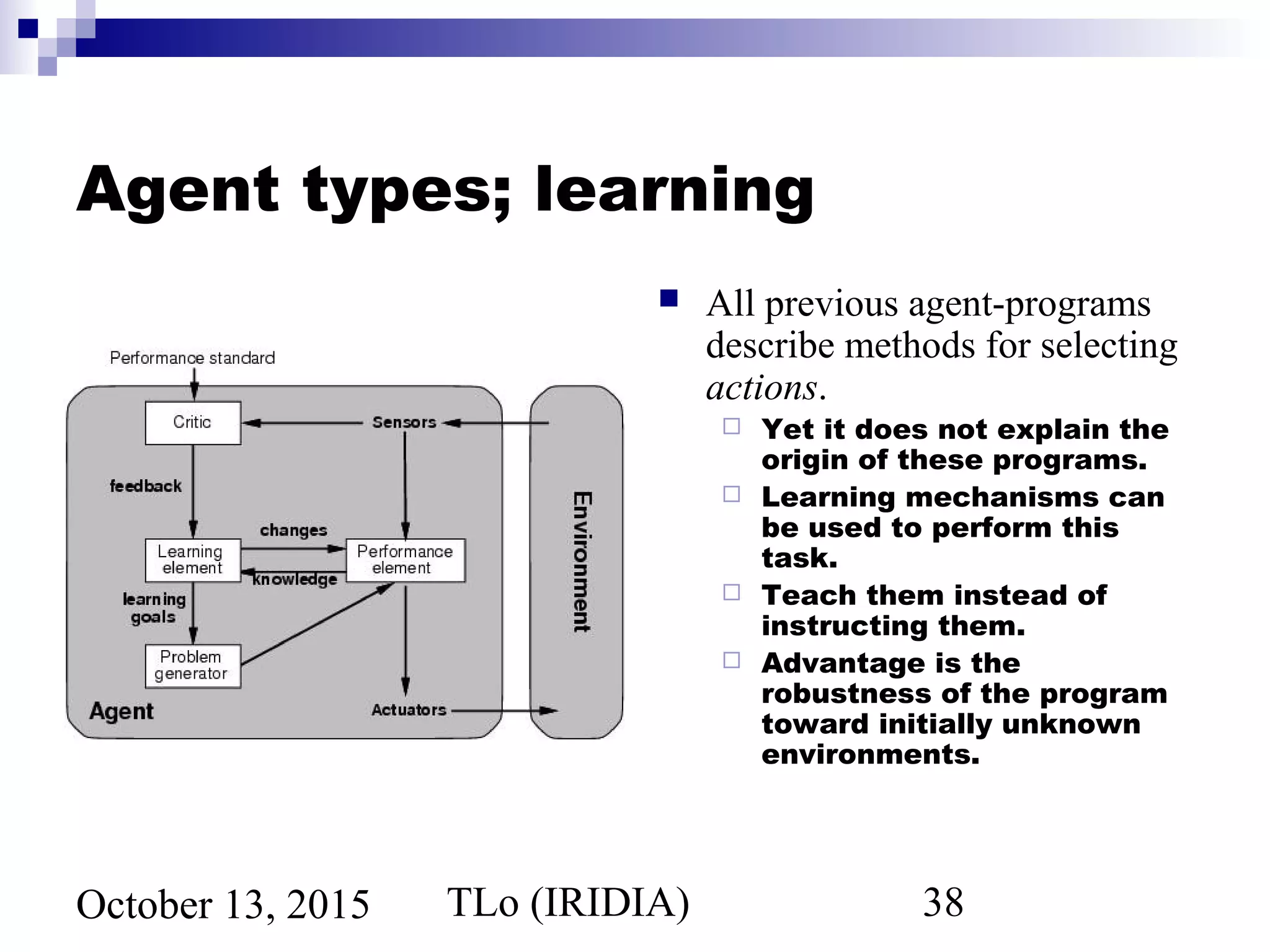 TLo (IRIDIA) 38October 13, 2015
Agent types; learning
 All previous agent-programs
describe methods for selecting
actions.
 Yet it does not explain the
origin of these programs.
 Learning mechanisms can
be used to perform this
task.
 Teach them instead of
instructing them.
 Advantage is the
robustness of the program
toward initially unknown
environments.
 
