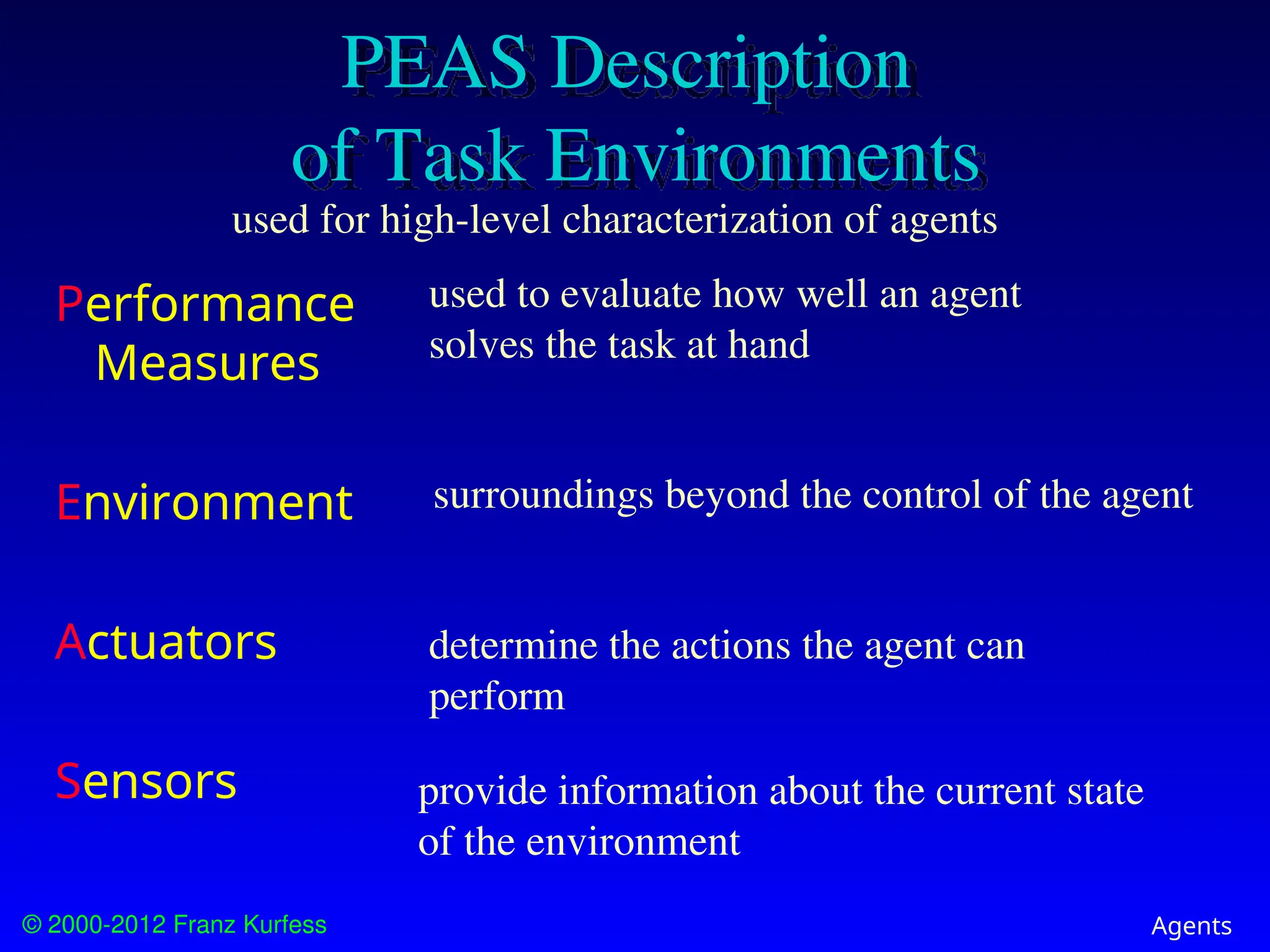 © 2000-2012 Franz Kurfess Agents
PEAS Description
of Task Environments
Performance
Measures
Environment
Actuators
Sensors
used for high-level characterization of agents
determine the actions the agent can
perform
surroundings beyond the control of the agent
used to evaluate how well an agent
solves the task at hand
provide information about the current state
of the environment
 
