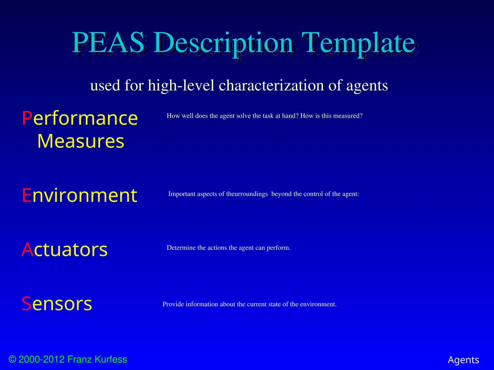 © 2000-2012 Franz Kurfess Agents
PEAS Description Template
Performance
Measures
Environment
Actuators
Sensors
used for high-level characterization of agents
Determine the actions the agent can perform.
Important aspects of theurroundings beyond the control of the agent:
How well does the agent solve the task at hand? How is this measured?
Provide information about the current state of the environment.
 