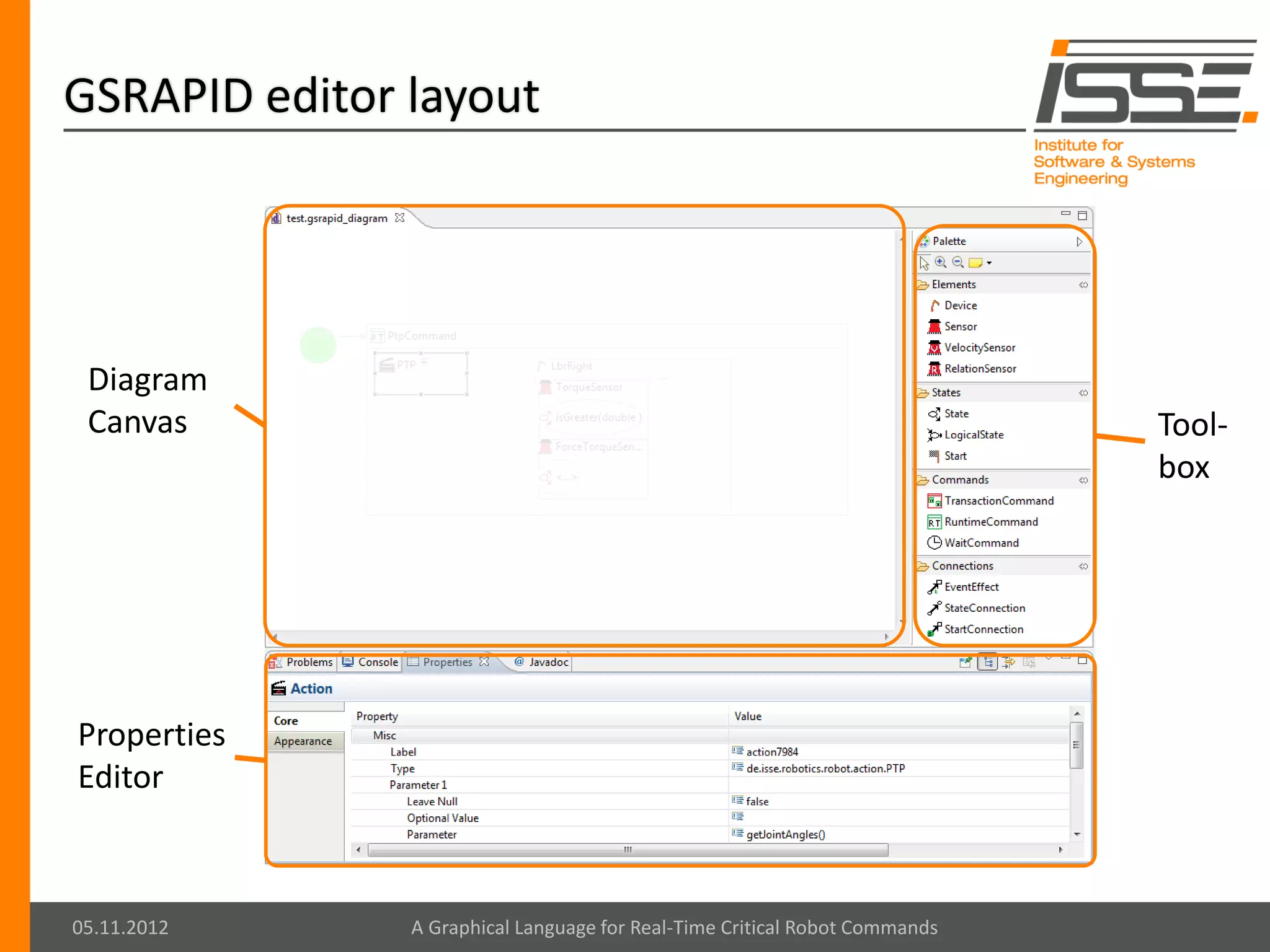 GSRAPID editor layout




 Diagram
 Canvas                                                                     Tool-
                                                                            box




Properties
Editor



05.11.2012     A Graphical Language for Real-Time Critical Robot Commands
 