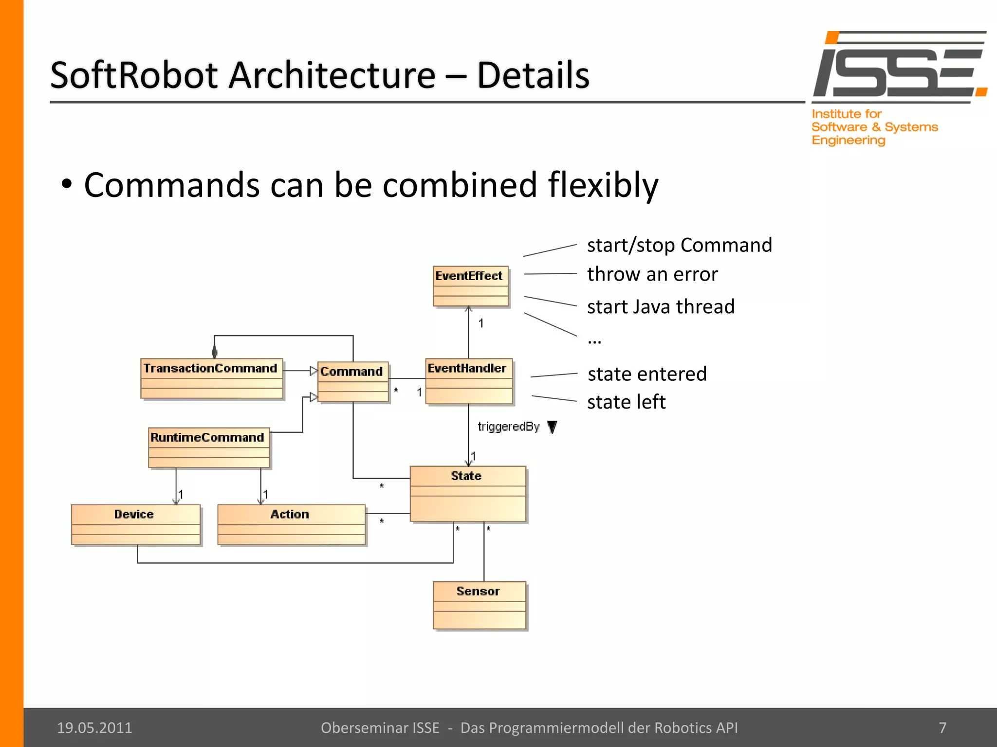 SoftRobot Architecture – Details

• Commands can be combined flexibly
                                                    start/stop Command
                                                    throw an error
                                                    start Java thread
                                                    …
                                                    state entered
                                                    state left




19.05.2011      Oberseminar ISSE - Das Programmiermodell der Robotics API   7
 