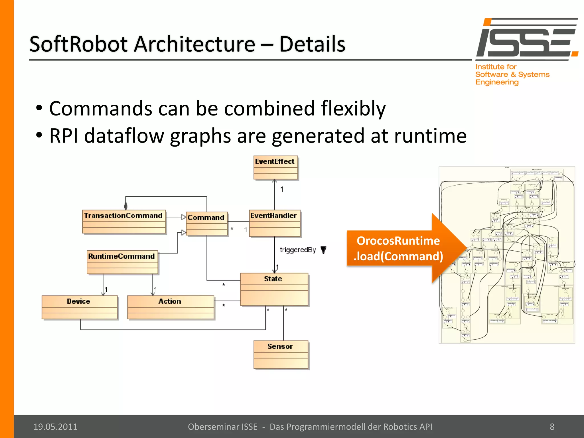 SoftRobot Architecture – Details

• Commands can be combined flexibly
• RPI dataflow graphs are generated at runtime



                                                       OrocosRuntime
                                                      .load(Command)




19.05.2011      Oberseminar ISSE - Das Programmiermodell der Robotics API   8
 