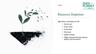 Resource Depletion
Agriculture necessities at risk
• Fertile soil
• Fresh water
• Fossil fuels
• Nutrients
• Stable Climate
• Stable national and international
politics and economics
FEED
PLANET
Founded by WORLDCHEFS
THE
Powered by Electrolux and AIESEC
 