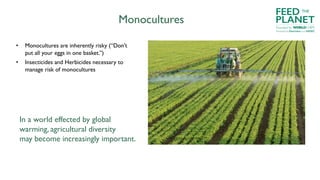Monocultures
• Monocultures are inherently risky (“Don’t
put all your eggs in one basket.”)
• Insecticides and Herbicides necessary to
manage risk of monocultures
In a world effected by global
warming, agricultural diversity
may become increasingly important.
FEED
PLANET
Founded by WORLDCHEFS
THE
Powered by Electrolux and AIESEC
 