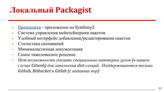 Локальный Packagist
+ Opensource - приложение на Symfony2
+ Система управления мейнтейнерами пакетов
+ Удобный интерфейс добавления/редактирования пакетов
+ Статистика скачиваний
− Минималистичная документация
− Самое тяжеловесное решение
− Нет возможности указать специальные паттерны урлов (в нашем
случае Gitweb) для заполнения dist-секций. Поддерживаются только
Github, Bitbucket и Gitlab (c надавних пор)
11
 