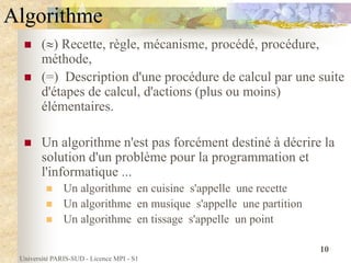 Université PARIS-SUD - Licence MPI - S1
10
 () Recette, règle, mécanisme, procédé, procédure,
méthode,
 (=) Description d'une procédure de calcul par une suite
d'étapes de calcul, d'actions (plus ou moins)
élémentaires.
 Un algorithme n'est pas forcément destiné à décrire la
solution d'un problème pour la programmation et
l'informatique ...
 Un algorithme en cuisine s'appelle une recette
 Un algorithme en musique s'appelle une partition
 Un algorithme en tissage s'appelle un point
Algorithme
 