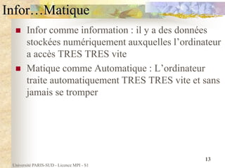Université PARIS-SUD - Licence MPI - S1
13
Infor…Matique
 Infor comme information : il y a des données
stockées numériquement auxquelles l’ordinateur
a accès TRES TRES vite
 Matique comme Automatique : L’ordinateur
traite automatiquement TRES TRES vite et sans
jamais se tromper
 