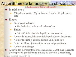 Université PARIS-SUD - Licence MPI - S1
15
Algorithme de la mousse au chocolat (6 p)
 Ingrédients :
 250g de chocolat, 125g de beurre, 6 œufs, 50 g de sucre,
café
 Etapes :
 Si chocolat a dessert
 faire fondre le chocolat avec 2 cuillères d'eau
 Sinon
 Faire tièdir le chocolat liquide au micro-onde
 Ajouter le beurre, laisser refroidir puis ajouter les jaunes
 Ajouter le sucre et comme parfum un peu de café
 Battre les blancs jusqu’à former une neige uniforme
 Ajouter au mélange.
 A partir des ingrédients (données en entrée), appliquer la recette
(les étapes) va produire une mousse au chocolat (le résultat).
L’abus de mousse au chocolat est déconseillé
 