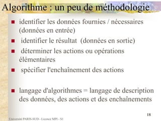 Université PARIS-SUD - Licence MPI - S1
18
Algorithme : un peu de méthodologie
 identifier les données fournies / nécessaires
(données en entrée)
 identifier le résultat (données en sortie)
 déterminer les actions ou opérations
élémentaires
 spécifier l'enchaînement des actions
 langage d'algorithmes = langage de description
des données, des actions et des enchaînements
 
