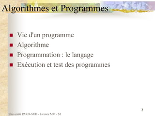 Université PARIS-SUD - Licence MPI - S1
2
Algorithmes et Programmes
 Vie d'un programme
 Algorithme
 Programmation : le langage
 Exécution et test des programmes
 