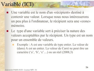 Université PARIS-SUD - Licence MPI - S1
26
Variable (ICI)
 Une variable est le nom d'un «récipient» destiné à
contenir une valeur. Lorsque nous nous intéresserons
un peu plus à l'ordinateur, le récipient sera une «zone»
mémoire.
 Le type d'une variable sert à préciser la nature des
valeurs acceptables par le récipient. Un type est un nom
pour un ensemble de valeurs.
 Exemple : A est une variable de type entier. La valeur de
(dans) A est un entier. La valeur de Carré ne peut être un
caractère (‘a’, ‘b’, ‘c’…) ou un réel (2008,3)
 