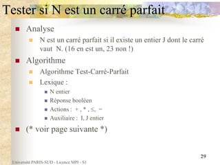 Université PARIS-SUD - Licence MPI - S1
29
Tester si N est un carré parfait
 Analyse
 N est un carré parfait si il existe un entier J dont le carré
vaut N. (16 en est un, 23 non !)
 Algorithme
 Algorithme Test-Carré-Parfait
 Lexique :
 N entier
 Réponse booléen
 Actions : + , * , , =
 Auxiliaire : I, J entier
 (* voir page suivante *)
 