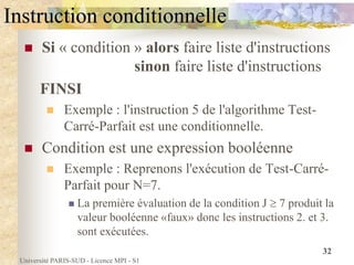 Université PARIS-SUD - Licence MPI - S1
32
Instruction conditionnelle
 Si « condition » alors faire liste d'instructions
sinon faire liste d'instructions
FINSI
 Exemple : l'instruction 5 de l'algorithme Test-
Carré-Parfait est une conditionnelle.
 Condition est une expression booléenne
 Exemple : Reprenons l'exécution de Test-Carré-
Parfait pour N=7.
 La première évaluation de la condition J  7 produit la
valeur booléenne «faux» donc les instructions 2. et 3.
sont exécutées.
 