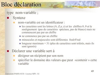 Université PARIS-SUD - Licence MPI - S1
43
Bloc déclaration
type nom-variable ;
 Syntaxe
 nom-variable est un identificateur :
 les caractères sont les lettres (A..Z,a..z) et les chiffres 0..9 et le
soulignement (pas de caractères spéciaux, pas de blancs) mais ne
commencent pas par un chiffre
 ne commence pas par un chiffre
 minuscules et majuscules sont différentes fred≠Fred
 longueur maximum = 31 (plus de caractères sont tolérés, mais ils
sont ignorés)
 Déclarer une variable sert à
 désigner un récipient par son nom
 spécifier le domaine des valeurs que peut «contenir » cette
variable
 