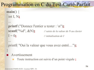Université PARIS-SUD - Licence MPI - S1
54
Programmation en C du Test-Carré-Parfait
main() {
int I, N
...
printf ("Donnez l'entier a tester : n")
scanf("%d", &N) // saisie de la valeur de N au clavier
I = 0 // initialisation de I
...
printf( "Oui la valeur que vous avez entré…")
}
 Avertissement
 Toute instruction est suivie d’un point virgule ;
 