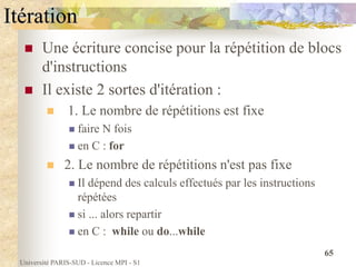 Université PARIS-SUD - Licence MPI - S1
65
Itération
 Une écriture concise pour la répétition de blocs
d'instructions
 Il existe 2 sortes d'itération :
 1. Le nombre de répétitions est fixe
 faire N fois
 en C : for
 2. Le nombre de répétitions n'est pas fixe
 Il dépend des calculs effectués par les instructions
répétées
 si ... alors repartir
 en C : while ou do...while
 
