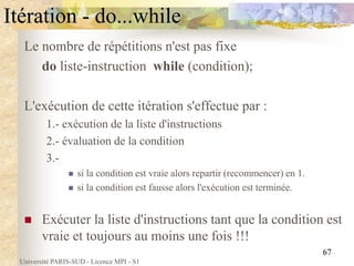 Université PARIS-SUD - Licence MPI - S1
67
Itération - do...while
Le nombre de répétitions n'est pas fixe
do liste-instruction while (condition);
L'exécution de cette itération s'effectue par :
1.- exécution de la liste d'instructions
2.- évaluation de la condition
3.-
 si la condition est vraie alors repartir (recommencer) en 1.
 si la condition est fausse alors l'exécution est terminée.
 Exécuter la liste d'instructions tant que la condition est
vraie et toujours au moins une fois !!!
 