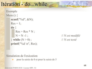 Université PARIS-SUD - Licence MPI - S1
68
Itération - do...while
Exemple
Main () {
scanf("%d", &N);
Res = 1;
do {
Res = Res * N ;
N = N -1 ; // N est modifié
} while (N > 0) ; // N est testé
printf("%d n", Res);
}
Simulation de l'exécution
 pour la saisie de 0 et pour la saisie de 5
 