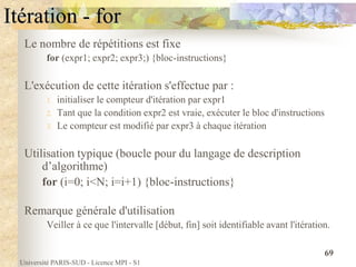 Université PARIS-SUD - Licence MPI - S1
69
Itération - for
Le nombre de répétitions est fixe
for (expr1; expr2; expr3;) {bloc-instructions}
L'exécution de cette itération s'effectue par :
1. initialiser le compteur d'itération par expr1
2. Tant que la condition expr2 est vraie, exécuter le bloc d'instructions
3. Le compteur est modifié par expr3 à chaque itération
Utilisation typique (boucle pour du langage de description
d’algorithme)
for (i=0; i<N; i=i+1) {bloc-instructions}
Remarque générale d'utilisation
Veiller à ce que l'intervalle [début, fin] soit identifiable avant l'itération.
 